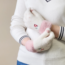 Women's winter telephone gloves with a snowman and a Christmas tree - white and pink