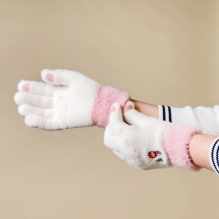 Women's winter telephone gloves with a snowman and a Christmas tree - white and pink