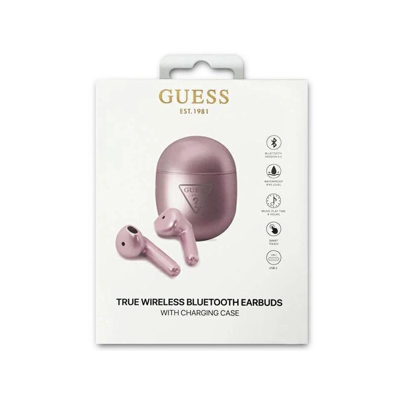 Guess GUTWST82TRU TWS „Bluetooth“ ausinės + purpurinė / violetinė trikampio logotipo prijungimo stotelė