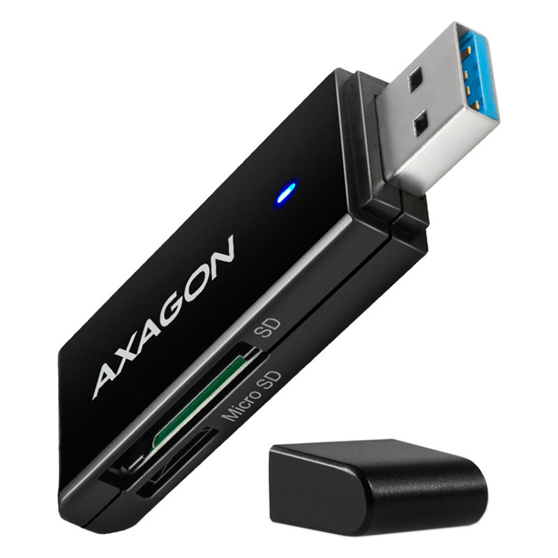 Axagon Slim itin spartus USB 3.2 Gen 1 kortelių skaitytuvas su tiesiogine USB-A jungtimi.