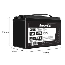 Green Cell CUBE AGM IP54 12V 90Ah VRLA Battery Gel deep cycle scooter mower boat barge mower tractor fishing boat