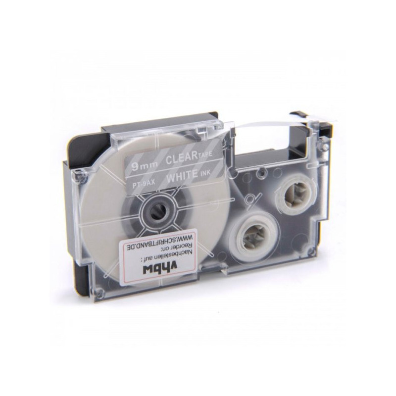 Tape cassette replaces Casio XR-9AX, 9mm, white on transparent