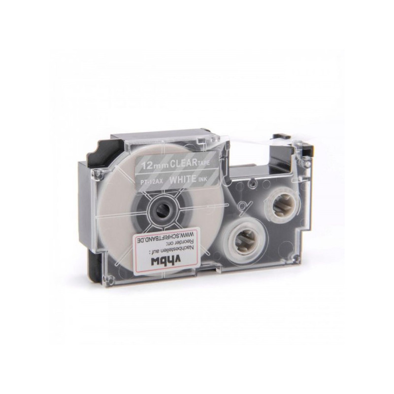 Tape cassette replaces Casio XR-12AX 12mm, white on transparent