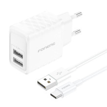 Foneng EU53 2xUSB-A, 2,4A tinklo įkroviklis (baltas) + USB-C laidas