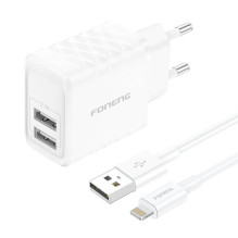 Foneng EU53 2xUSB-A, 2.4A tinklo įkroviklis (baltas) + USB-A į Lightning laidą