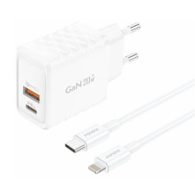 Foneng EU56 1xUSB-A, 1xUSB-C, 20W maitinimo įkroviklis (baltas) + USB-A į Lightning laidą