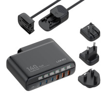 Maitinimo įkroviklis su ekranu 140 W LDNIO A6140C 3x USB-A + 3x USB-C, JAV / JK / ES (juoda)