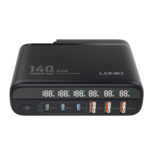 Maitinimo įkroviklis su ekranu 140 W LDNIO A6140C 3x USB-A + 3x USB-C, JAV / JK / ES (juoda)