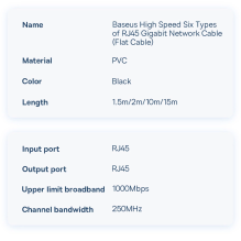 „Baseus Speed ​​Six“ plokščias tinklo kabelis RJ45 1000Mbps 2m juodas (WKJS000101)