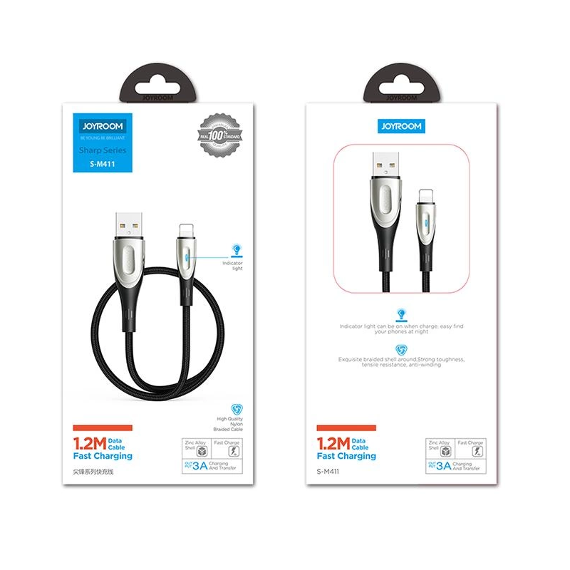 Joyroom Sharp Series S-M411 USB-A / Lightning 3A 1,2 m laidas su įkrovimo indikatoriumi – juodas