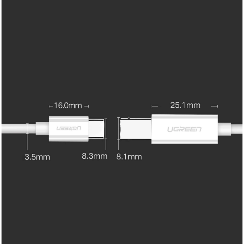 Ugreen spausdintuvo kabelis USB-C – USB-B 480Mb/s 1m baltas (US241)