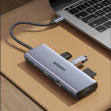 Ugreen CM498 15600 USB-C adapteris – 3x USB-A 3.0 / HDMI / VGA / RJ45 / SD / TF kortelių skaitytuvas / USB-C PD - pilka