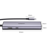 Ugreen CM512 90568 USB-C adapteris – 2x USB-A 3.0 / HDMI / RJ45 / SD ir TF kortelių skaitytuvas / USB-C PD 100W – pilka