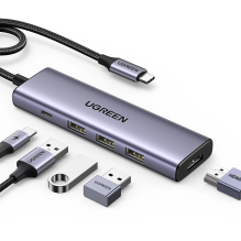 HUB Ugreen CM511 15597 5in1 USB-C – USB-C PD / HDMI / 3x USB-A 3.0 – pilka