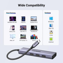 HUB Ugreen CM511 15597 5in1 USB-C – USB-C PD / HDMI / 3x USB-A 3.0 – pilka