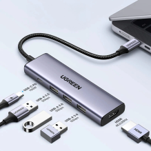 HUB Ugreen CM511 15597 5in1 USB-C – USB-C PD / HDMI / 3x USB-A 3.0 – pilka