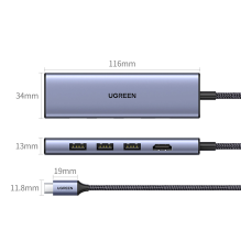 HUB Ugreen CM511 20956A 6in1 USB-C - HDMI / 3x USB-A 3.0 / SD / TF kortelių skaitytuvas - pilka