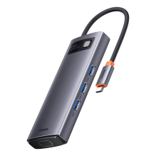 „Baseus Metal Gleam“ serijos HUB 6 viename prijungimo stotis, C tipo USB – 1 x HDMI / 3 x USB 3.2 Gen. 1 / 1 x Power Del