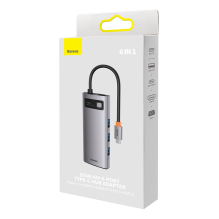 „Baseus Metal Gleam“ serijos HUB 6 viename prijungimo stotis, C tipo USB – 1 x HDMI / 3 x USB 3.2 Gen. 1 / 1 x Power Del