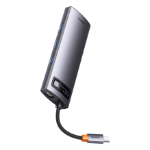 HUB Baseus Metal Gleam 8in1 USB-C - HDMI / 3x USB 3.2 / PD / SD kortelių skaitytuvas, TF / VGA - pilka