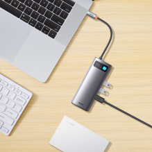 HUB Baseus Metal Gleam 8in1 USB-C - HDMI / 3x USB 3.2 / PD / SD kortelių skaitytuvas, TF / VGA - pilka