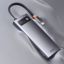 HUB Baseus Metal Gleam 8in1 USB-C - HDMI / 3x USB 3.2 / PD / SD kortelių skaitytuvas, TF / VGA - pilka