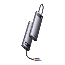 HUB Baseus Metal Gleam 8in1 USB-C - HDMI / 3x USB 3.2 / PD / SD kortelių skaitytuvas, TF / VGA - pilka