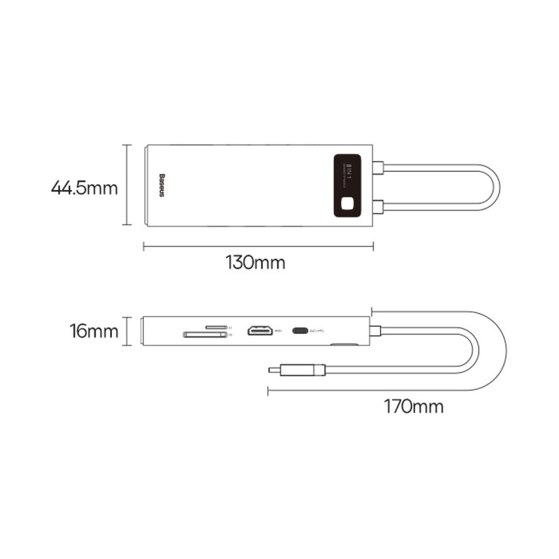 HUB Baseus Metal Gleam 8in1 USB-C - HDMI / 3x USB 3.2 / PD / SD kortelių skaitytuvas, TF / VGA - pilka