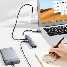 Ugreen daugiafunkcis adapteris HUB USB 3.0 – 3 x USB / Ethernet RJ-45 / USB Type C PD pilka (CM475)