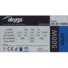 Akyga AK-B1-500E maitinimo blokas 500 W 20+4 kontaktų ATX ATX pilka