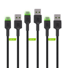 Green Cell Set 3x Ray USB-C 120cm kabelis su žaliu LED foniniu apšvietimu, greito įkrovimo Ultra Charge, QC 3.0