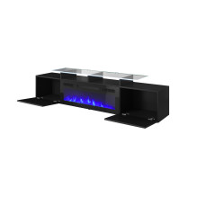 RTV cabinet ROVA with electric fireplace 190x37x48 cm black / black gloss