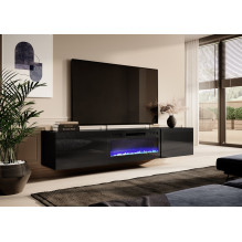 RTV cabinet SLIDE 200K with electric fireplace 200x40x37 cm all in gloss black