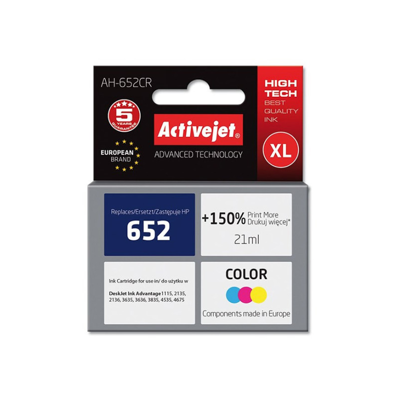 Activejet AH-652CR ink (replacement for HP 652 F6V24AE Premium 21 ml color)