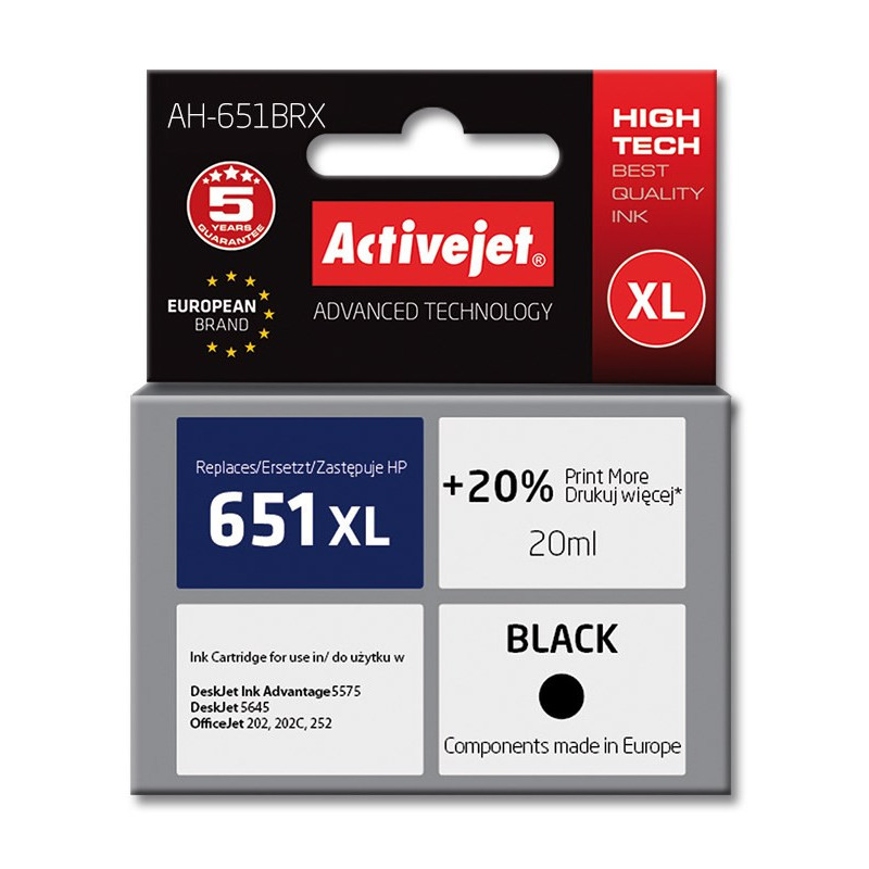 Activejet AH-651BRX Ink (replacement for HP 651 C2P10AE Premium 20 ml black)