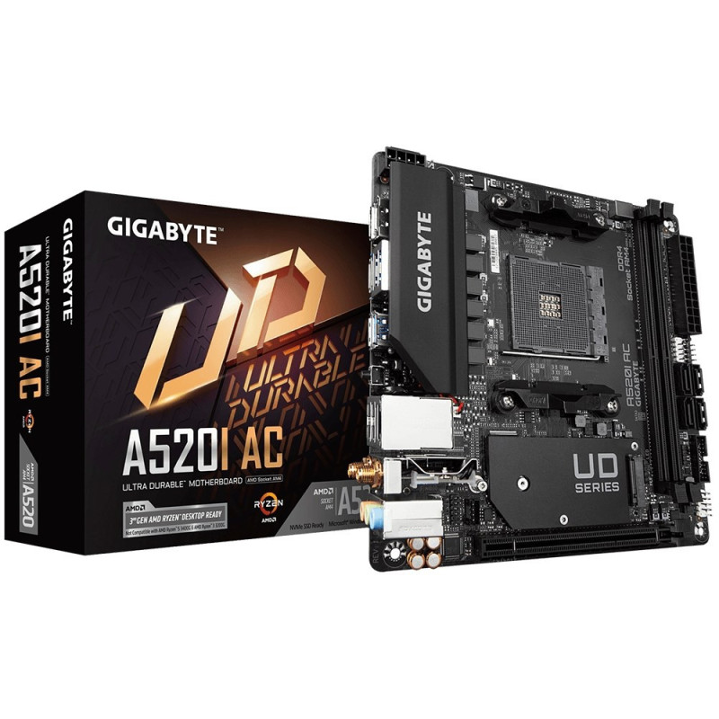 Gigabyte A520I AC Motherboard - Supports AMD Ryzen 5000 Series AM4 CPUs, 6 Phases Digital VRM, up to 5300MHz DDR4 (OC), 