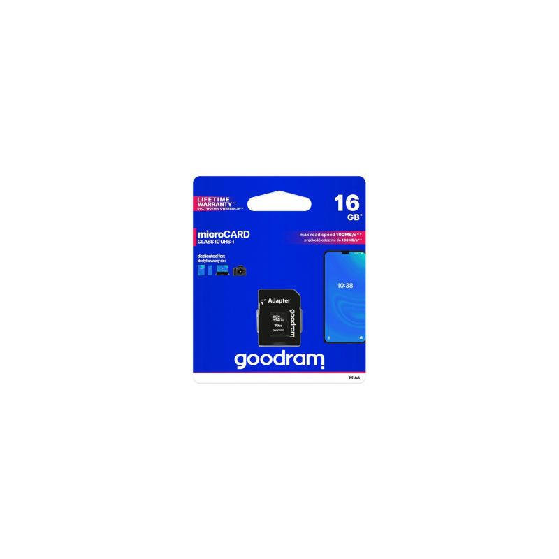 Goodram Goodram Microcard 16 GB micro SD HC UHS-I 10 klasės atminties kortelė, SD adapteris (M1AA-0160R12)