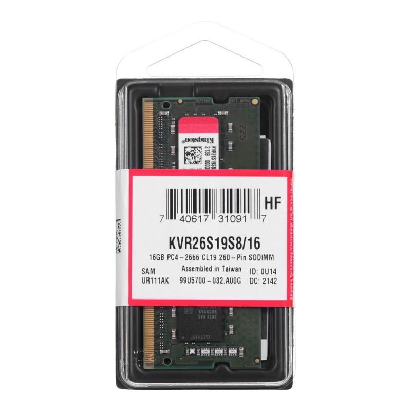 Kingston Technology KVR26S19S8 / 16 atminties modulis 16 GB 1 x 16 GB DDR4 2666 MHz