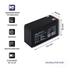 Qoltec 53030 AGM battery , 12V , 7Ah , max 105A