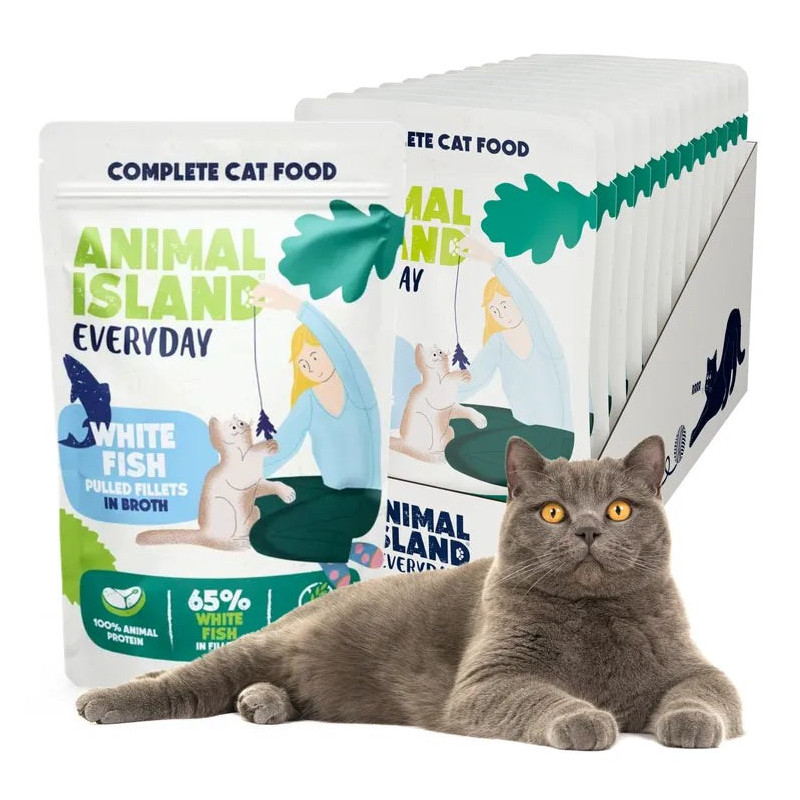 ANIMAL ISLAND Everyday White fish fillets in broth - wet cat food - 12 x 85g