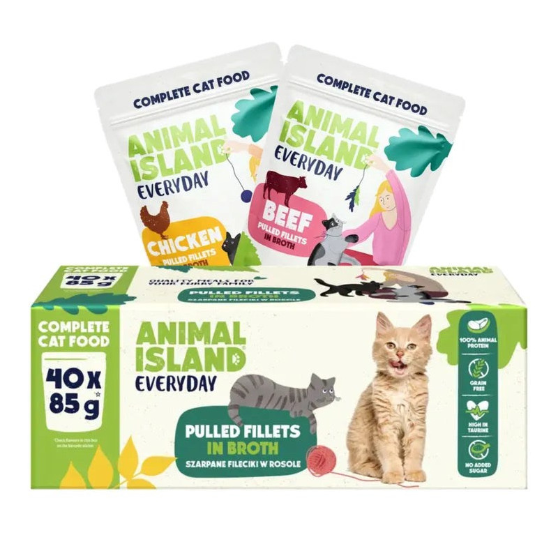 ANIMAL ISLAND Everyday Beef and chicken fillets in broth - wet cat food - 40 x 85g