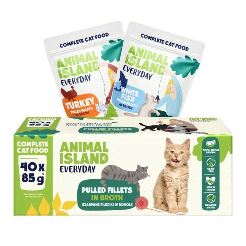 ANIMAL ISLAND Everyday Turkey and White fish fillets in broth - wet cat food - 40 x 85g