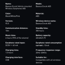 „Baseus A05“ belaidės ausinės „Bluetooth 5.0“ mini ausinės + USB prijungimo stotelė juoda (NGA05-01)