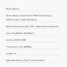 Baseus CATKLF-ALG1 USB-C - USB-C PD QC kabelis 100W 5A 2m - pilkas