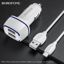 Automobilinis įkroviklis Borofone &quot;BZ14&quot; baltas 12W (2xUSB) + &quot;Type-C&quot; laidas