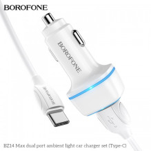 Automobilinis įkroviklis Borofone &quot;BZ14&quot; baltas 12W (2xUSB) + &quot;Type-C&quot; laidas