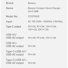 Įkroviklis Baseus &quot;Compact&quot; baltas 30W (1xPD / 2xQC3.0)