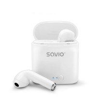 Savio TWS-01 belaidės Bluetooth ausinės, baltos