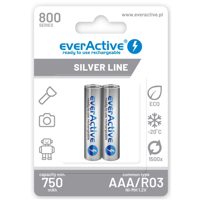 Įkraunamos baterijos everActive Ni-MH R03 AAA 800 mAh Silver Line - 2 vnt.