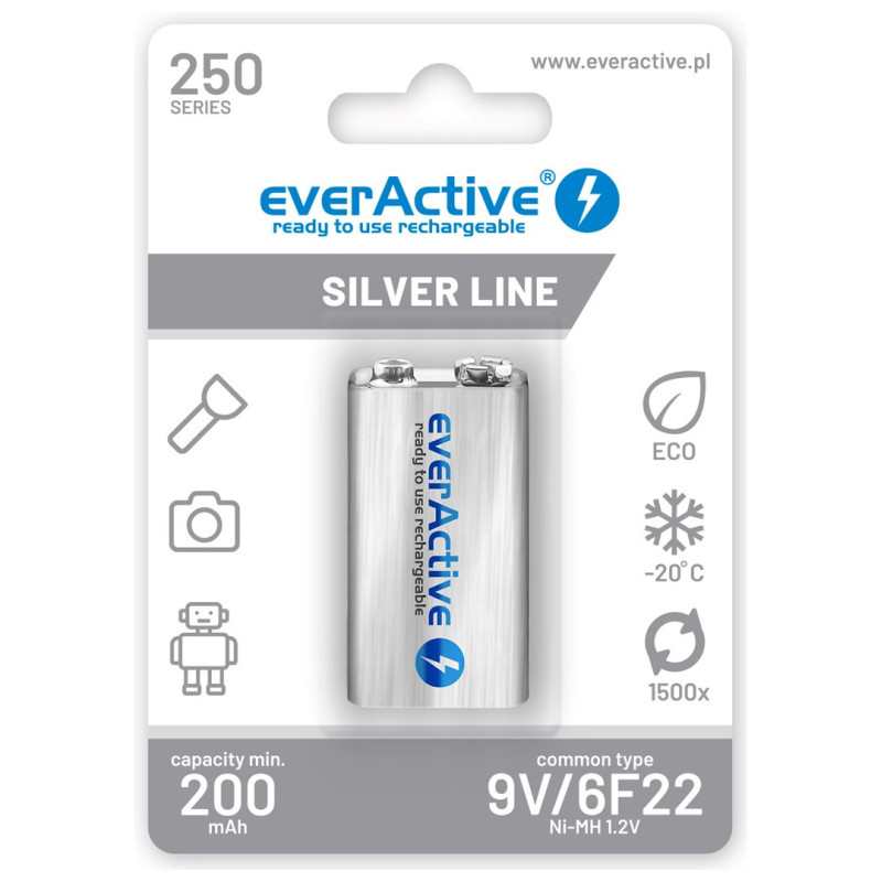 Įkraunamos baterijos everActive Ni-MH 6F22 9V 250 mAh Silver Line